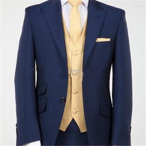Costumes pour hommes manteau bleu pantalon avec gilet jaune hommes costume 3 pièces (veste pantalon cravate) mode Slim marié bal Trajes De Hombre Blazer