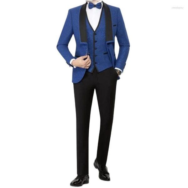Costumes pour hommes bleu brillant bal hommes costume Slim Fit 3 pièces Blazer ensembles pantalon noir casual mode homme vêtements grande taille