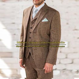Herenpakken Heren Bruin Visgraat Mannen Pak Tailored Made 3 Stuks Moderne Blazer Sets Formele Zakelijke Feestjurk mannelijke Huwelijk