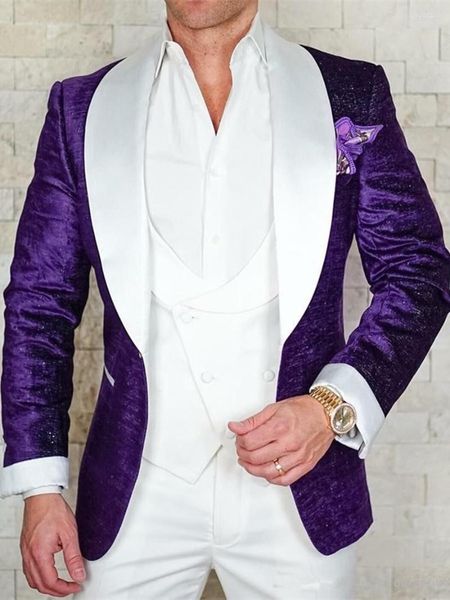 Costumes pour hommes Veste de costume pour hommes violet personnalisée pour hommes Costume d'Halloween élégant pour le mariage de trois hommes de luxe