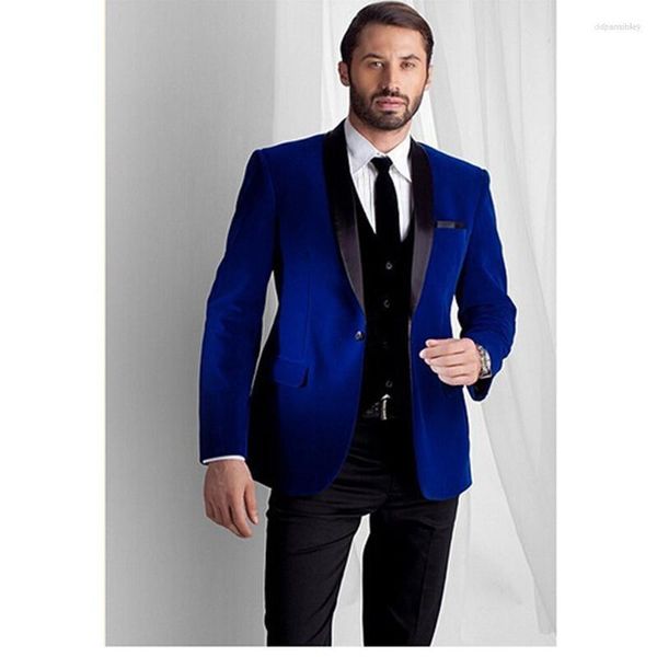 Costumes pour hommes Mode pour hommes Veste en velours bleu royal Tuxedos de marié Revers noir Costume pour hommes Costume de bal pour hommes (Veste Pantalon Gilet)