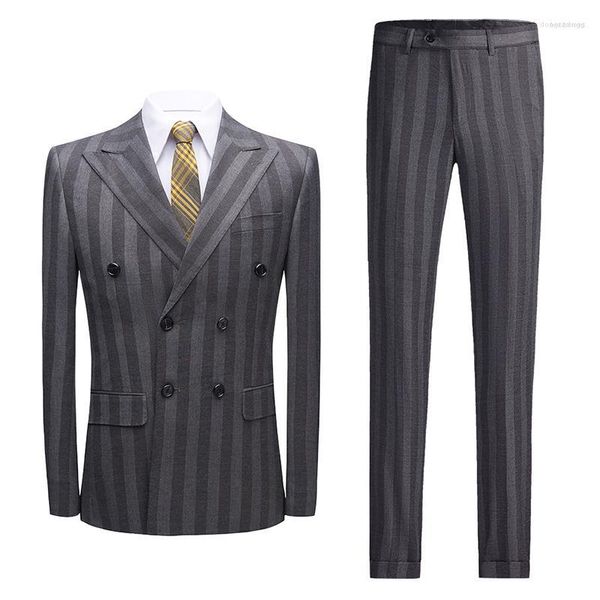 Costumes pour hommes Costume 2 pièces pour hommes Coupe ajustée Bouton croisé Mode Affaires Décontracté Mariage Fête de Noël Formel Gris