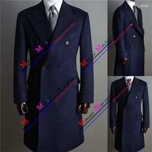 Costumes pour hommes Hommes Bleu Marine Manches Longues Pardessus Laine Épaisse Hommes Veste Double Boutonnage Manteaux Peaked Revers Business Blazer Ensemble Veste