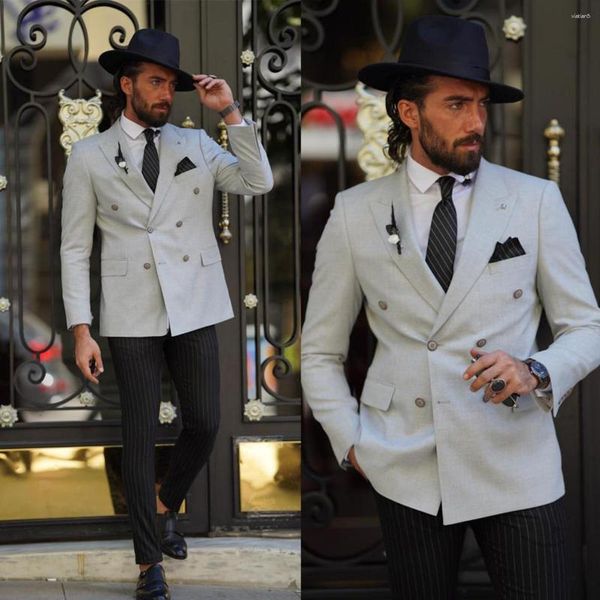 Trajes De Hombre Traje De Hombre 2 Piezas Blazer Gris Pantalones A Rayas Doble Botonadura Slim Fit Chaqueta De Esmoquin Negocios Moderno Novio De Boda A Medida