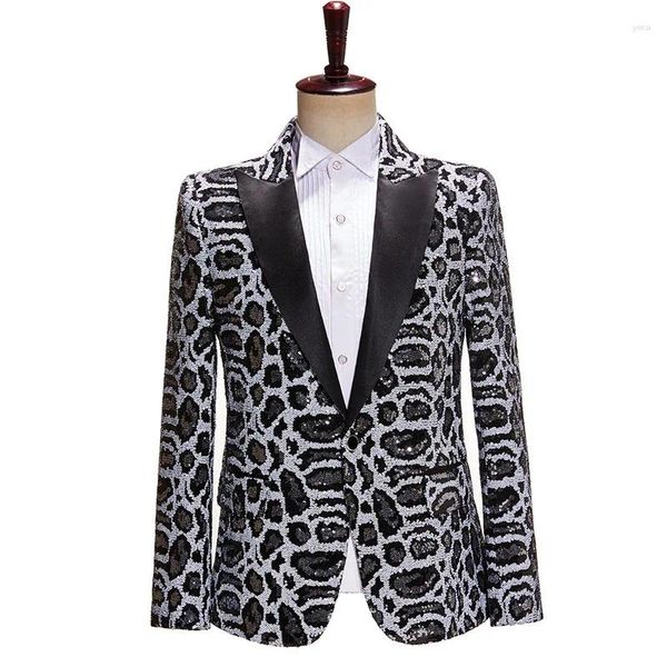 Costumes pour hommes Hommes Paillettes Léopard Imprimé Blazer Costume Veste Noir Et Blanc Tops Chic Costume De Scène Paillettes Tuxedo