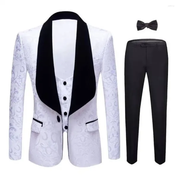 Costumes pour hommes Slim Fit 3 pièces motif blanc noir châle revers Costume Homme marié Tuxedos Terno mariage Blazer pantalon gilet