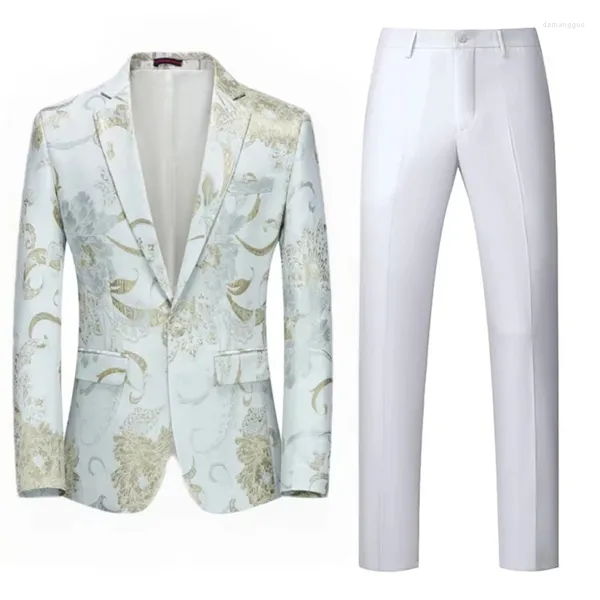 Trajes para hombres Traje de hombre 2 piezas Blanco Impreso Rayas Negocios Casual para boda Novio Banquete Rendimiento Trabajo Esmoquin Conjunto Chaqueta con pantalones