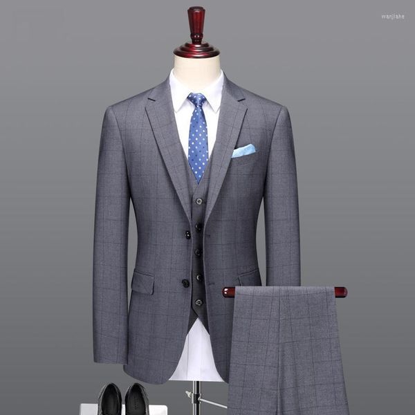 Trajes para hombre, traje para hombre, verano 2022, informal elegante, de talla grande, con un solo pecho, para hombre, con pantalones, para graduación, para boda, a cuadros grises, Blazers para hombre