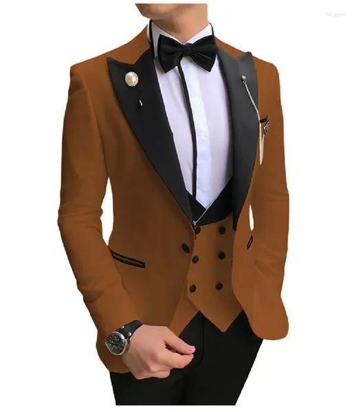 Costumes pour hommes Costume pour hommes 3 pièces Slim Fit Business Groom Brown Tuxedos pour mariage formel (Blazer Pantalon Gilet)