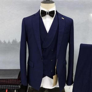 Herenpakken mannen passen hoogwaardige marineblauw luxe bruiloft jasje broek Vest drie pc's inkeping revers formele zakelijke zakelijke fit blazer masculino