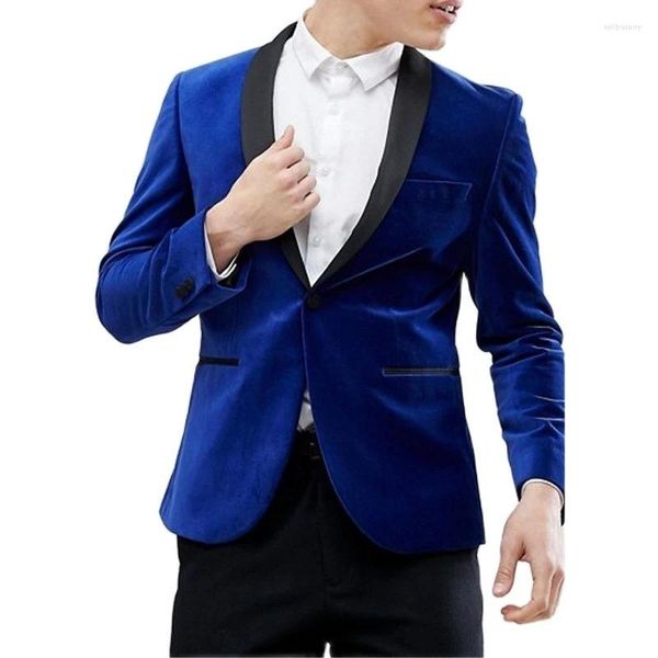 Trajes para hombres Conjunto de traje para hombre Chaqueta de terciopelo azul de alta calidad Blazers de cuello negro Pantalones Abrigos Chaquetas elegantes para novio de boda Traje de hombre personalizado