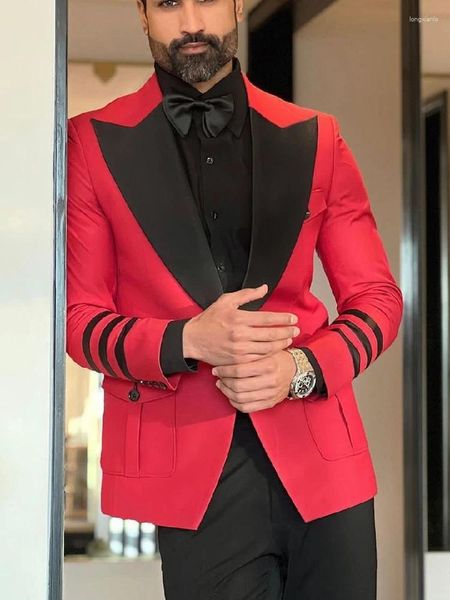 Hommes Costumes Hommes Costume Ensemble Haute Qualité Rouge Veste Col Noir Blazers Pantalons Manteaux De Mariage Marié Élégant Vestes Homme Costume Sur Mesure