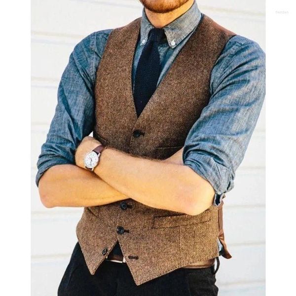 Trajes para hombres Traje de hombre Chaleco con cuello en V Lana Espiga Casual Negocio formal Chaleco de un solo pecho Novio Boda Prom para hombre personalizado