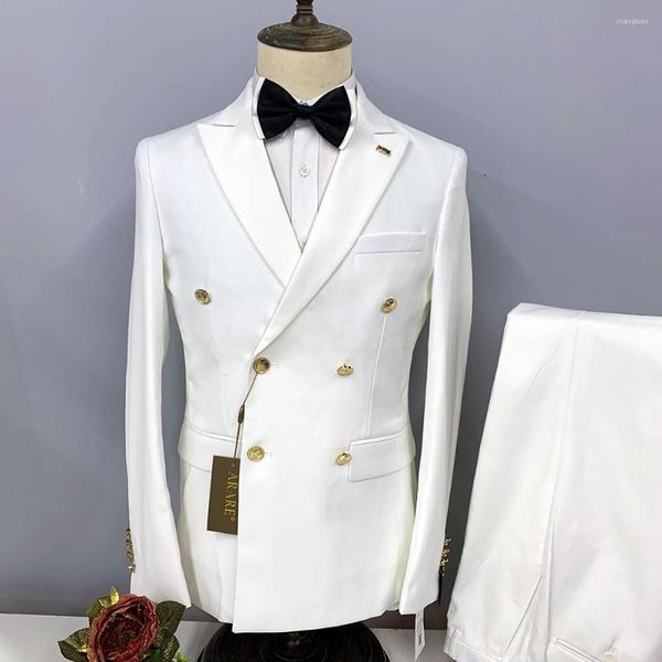 Trajes de hombre, traje de hombre, chaqueta de boda blanca, solapa en pico, abrigo cruzado, pantalones, chaleco, chaqueta de tres piezas, traje ajustado de lujo para hombre 2023