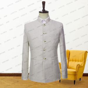 Trajes para Hombres Traje De Lino Formal De Negocios De Verano para Hombres Slim Fit Beige Chino Cuello De Pie Solo Pecho Novio Chaqueta De Boda Abrigo