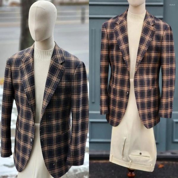 Trajes para hombres Blazer hecho a medida de 2 piezas Pantalones blancos Un botón Solapa ancha Cubos a cuadros Boda de negocios Tallas grandes a medida