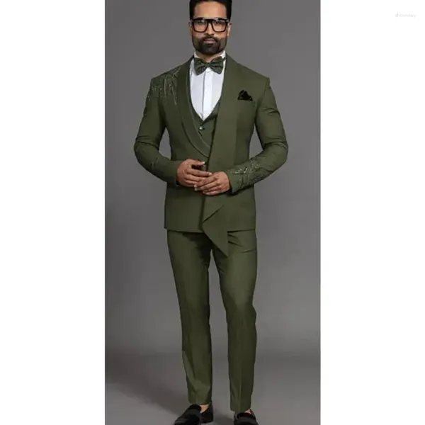 Costumes pour hommes hommes trois pièces (veste pantalon gilet) ensemble pour mariage Oliver vert formel marié affaires vêtements sur mesure