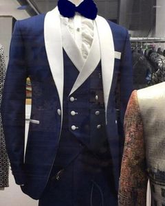 Costumes pour hommes hommes mariage 2023 marque Design bleu garçons d'honneur blanc châle revers marié Tuxedos hommes smoking mariage/bal 3 pièces