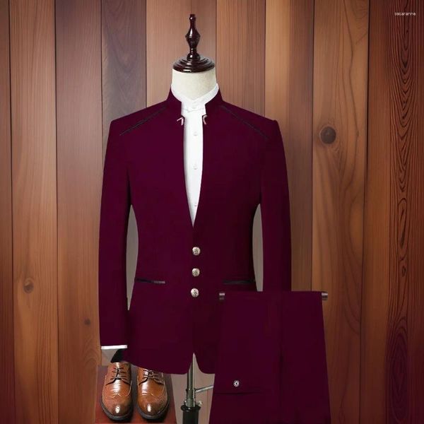 Trajes para hombres Hombres Boda con cuello de pie Slim Fit Africano Mandarín Estilo Novio Esmoquin Vestido masculino Prom Man Blazer 2 PCS Set 2024