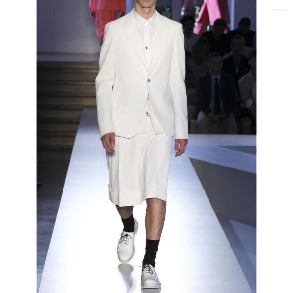 Trajes para hombres hombres blanco verano moda muesca solapa solo pecho blazer negocios boda casual esmoquin 2 piezas pantalones cortos kit delgado