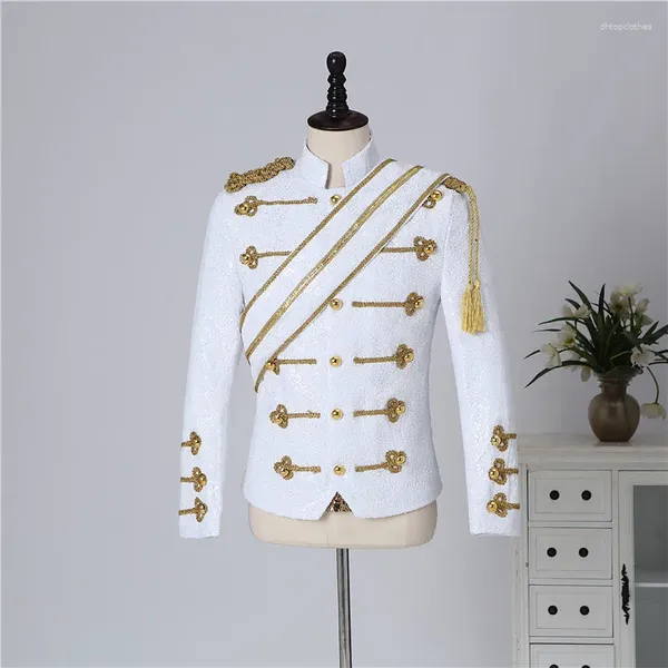 Costumes pour hommes Hommes Noir Paillettes Steampunk Veste Col Montant Gland Conception Discothèque Fête Costumes De Bal Blanc Simple Boutonnage Mâle Costume Manteau