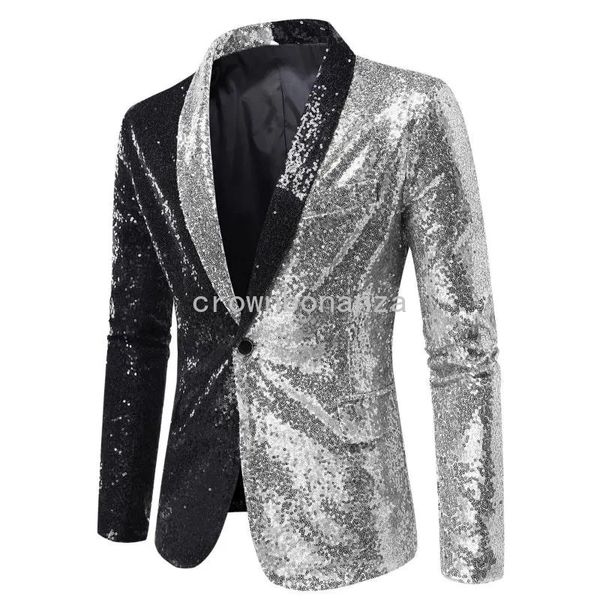 Trajes para hombre Blazers de esmoquin con lentejuelas plateadas y negras para hombre, elegante y brillante solapa con un botón, chaqueta, traje, chaqueta para hombre, disfraz de escenario para fiesta disco