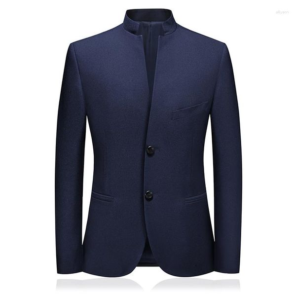 Trajes de hombre Blazer para hombre Chaqueta retro delgada de moda para hombre Abrigo de cuello alto de un solo pecho para hombres 2 colores Negro Azul