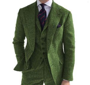 Herenpakken heren bedrijf 3 stuks groen wol retro klassiek klassiek Herringband patroon bruidegom Tweed Tuxedos for Wedding (Blazer Pants Vest)