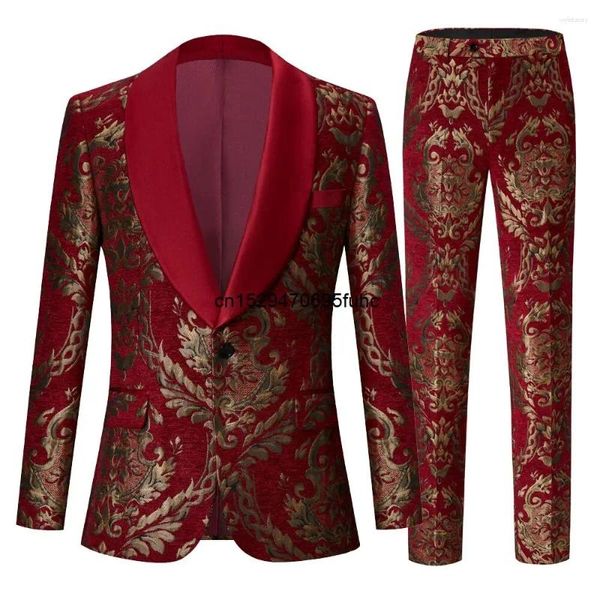 Trajes para hombre para hombre Claret rojo novio boda Tuxed vestido de fiesta de negocios esmoquin Blazer Floral Slim Fit padrinos de boda traje de fiesta Homme