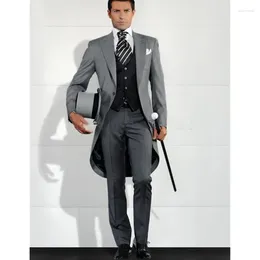 Herrenanzüge Grauer eleganter Hochzeits-Abschlussball-langer Smoking-Anzug für Männer 3-teiliges Blazer-Jacken-Hosen-Weste-Set Kostüm Homme Slim Fit