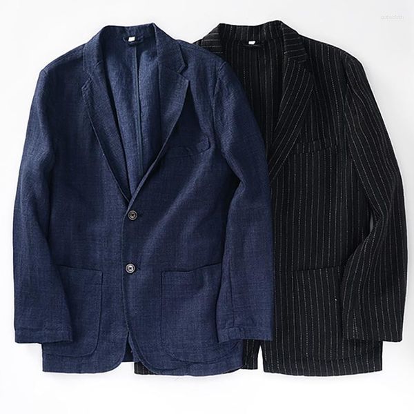 Trajes para hombre, chaqueta Blazer de lino azul marino 95% para hombre, chaqueta deportiva transpirable refrescante de marca 2023, chaquetas Retro elegantes e informales de Color sólido