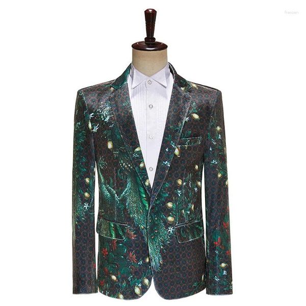 Trajes para hombre Chaqueta de traje con estampado de pavo real para hombre Chaqueta de esmoquin de terciopelo de un solo pecho con estilo Slim Fit Blazers de fiesta de boda para hombre XXXL