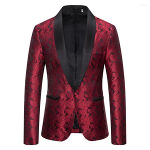 Herenpakken Heren Rode Bloemen Tuxedo Jacket Jacquard Pak Slim Fit One Button Blazer Mannen Bruiloft Prom Diner Stadiumkleding voor zangers