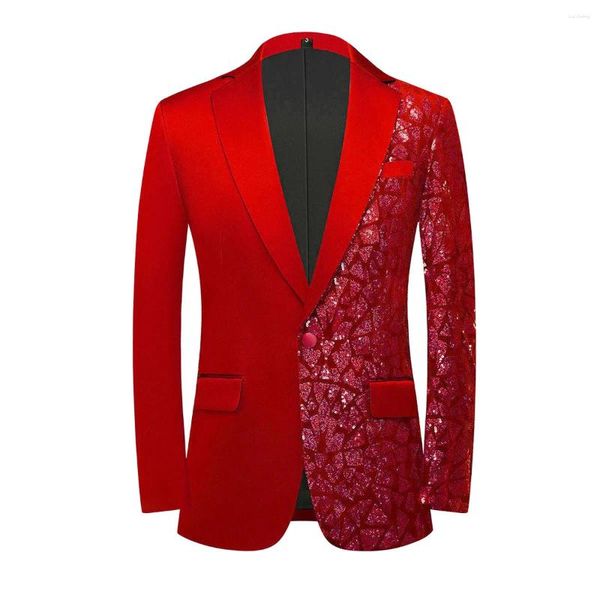 Costumes pour hommes Hommes Rouge Patchwork Triangle Sequin Blazer Costume Veste Un Bouton Slim Fit Tuxedo Blazers Hommes Dîner De Mariage Banquet Costume De Bal