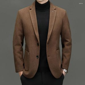 Herenpakken Heren Retro Wool Blazer Jacket 2024 Winter Slim Fit enkelvoudige kasjmier Casmere Coat Formele Business Wollen Homme