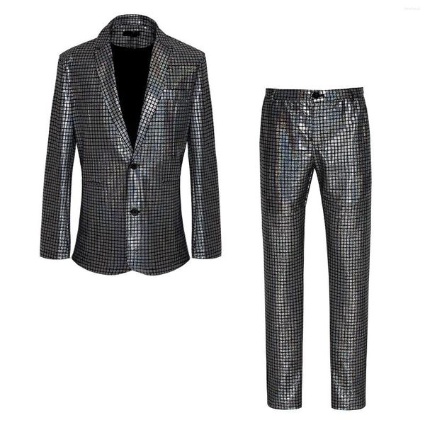 Trajes para hombres Traje a cuadros con lentejuelas para hombre Traje de dos piezas entallado brillante Blazer Pantalón Color sólido Fiesta Negocios Conjunto informal Trajes de escenario