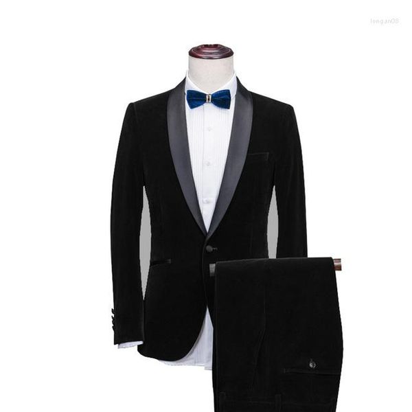 Costumes pour hommes Col châle 2 pièces Coupe ajustée Bleu Bordeaux Noir Vert Costume Veste de smoking en velours pour mariage (Blazer Pantalon Cravate)