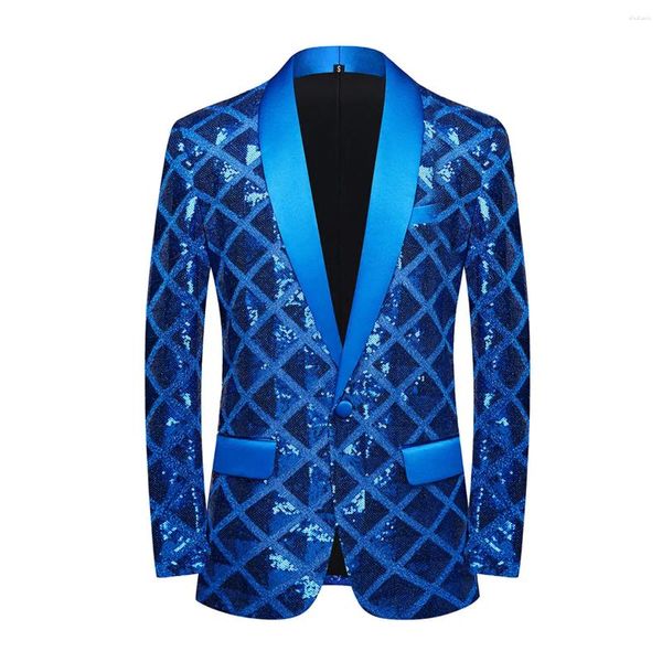 Trajes para hombre, traje con lentejuelas azules brillantes, chaqueta, Blazer ajustado, chal con un botón, esmoquin de solapa, chaquetas para fiesta y Club para hombre