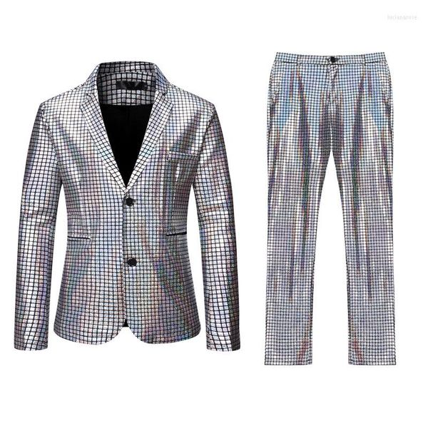 Costumes pour hommes Hommes Stage Prom Silver Plaid Paillettes Veste avec pantalon Dance Party Mariage Groom Tuxedo 2 pièces Costume Hommes Costume Homme XL