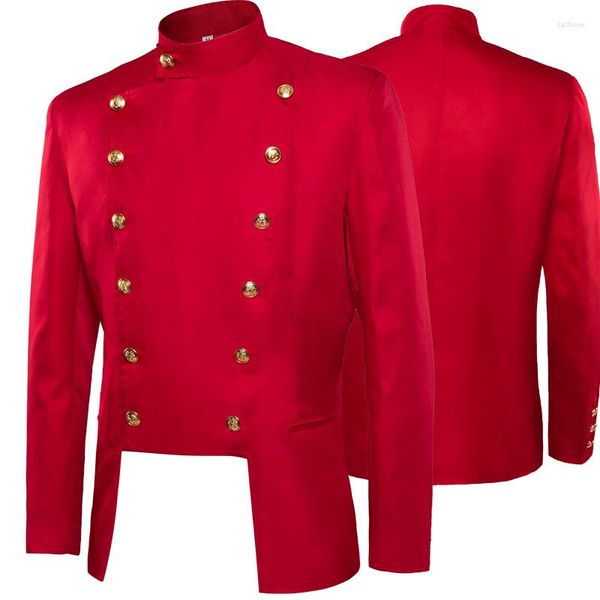 Trajes para hombres Steampunk Rojo Militar Blazers Chaqueta Retro Vintage Stand Collar Doble Botonadura Escenario Abrigo Gótico Blazer Traje Victoriano