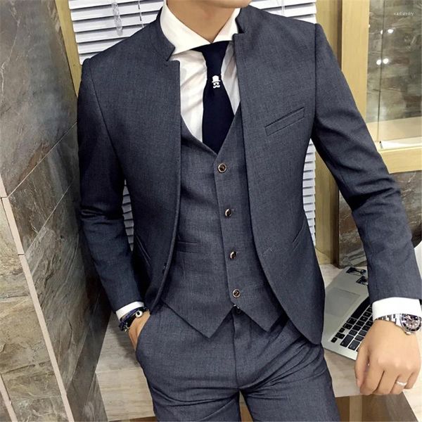 Trajes para hombres Traje para hombre Chaleco 3 piezas Cuello alto de negocios Gris Pantalones negros formales para hombres Alta calidad