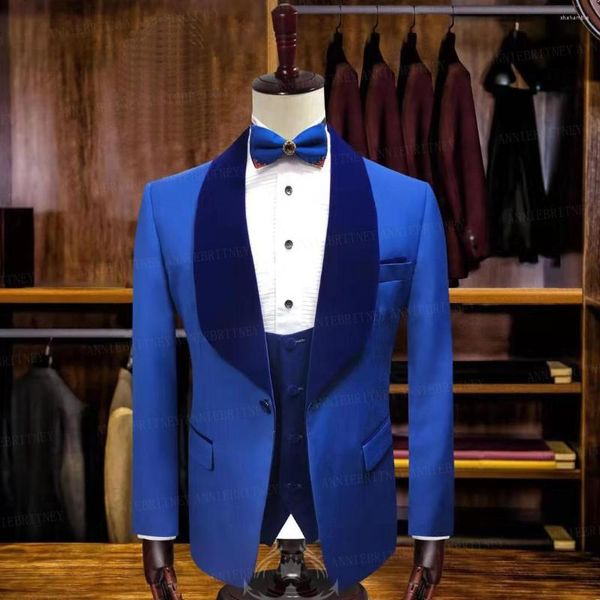 Costumes pour hommes hommes mariage 3 pièces personnalisé homme marié costume dîner smoking coupe ajustée bleu Royal velours revers Blazer gilet pantalon ensemble