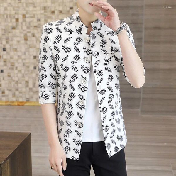 Trajes para hombre, Blazer de manga media con cuello levantado, figura delgada estampada personalizada de verano, chaqueta occidental individual, traje Zhongshan de tendencia