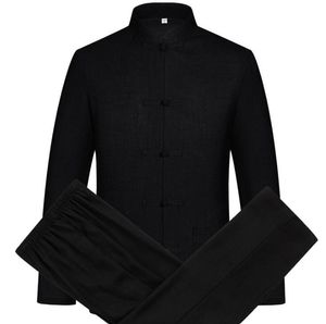 Costumes pour hommes d'âge moyen à manches longues veste hommes Blazer Masculino Slim Fit printemps automne lin manteaux hommes Tang costume Style chinois col montant