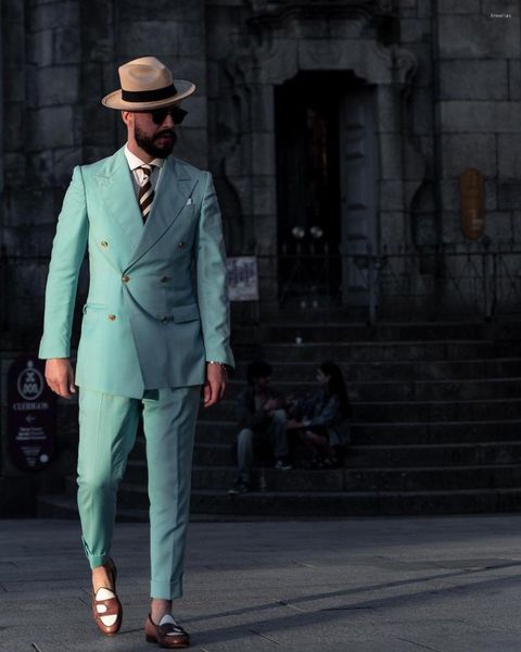 Trajes de hombre, conjuntos de chaqueta verde menta, traje de banquete de boda para hombre, traje ajustado de 2 piezas, esmoquin de doble botonadura para hombre, vestido elegante para fiesta/graduación