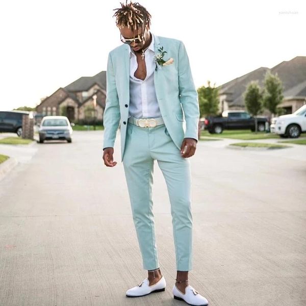 Trajes de hombre verde menta solapa de muesca hombres 2 piezas traje de playa de verano Homme novio esmoquin de boda Slim Fit Prom traje chaqueta pantalones