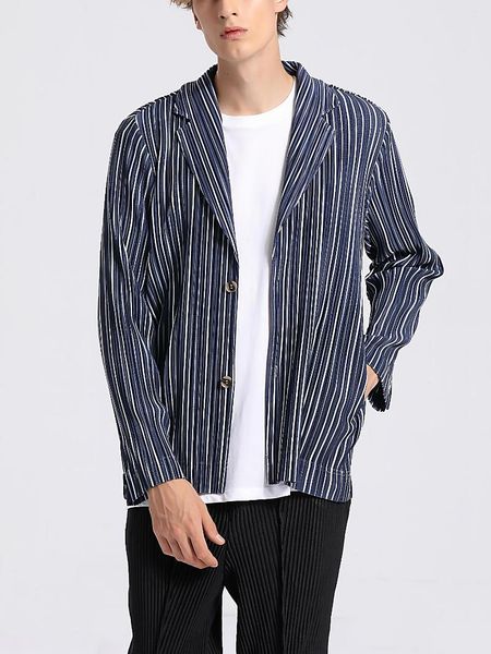 Trajes para hombres Miyake plisado a rayas chaqueta estampada para hombres 2023 abrigo de negocios ligero suelto traje Retro coreano cárdigan camisa Casual