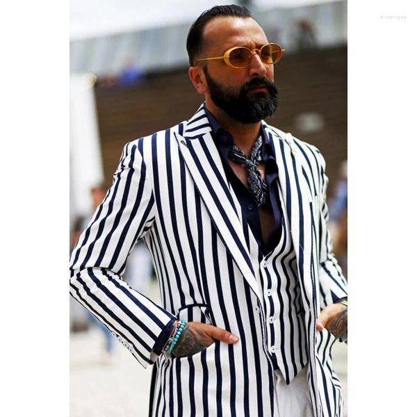Trajes de hombre chaqueta a rayas azul marino y blanco pantalones 3 piezas ocasión Formal trajes de lujo Terno elegante conjunto completo