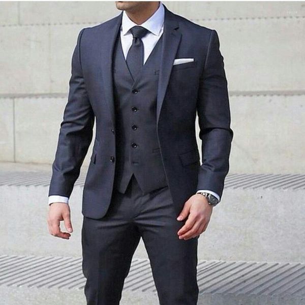 Trajes de hombre azul marino hombres de negocios Slim Fit 3 piezas esmoquin de novio para boda con pantalones chaqueta de moda masculina chaleco traje Formal