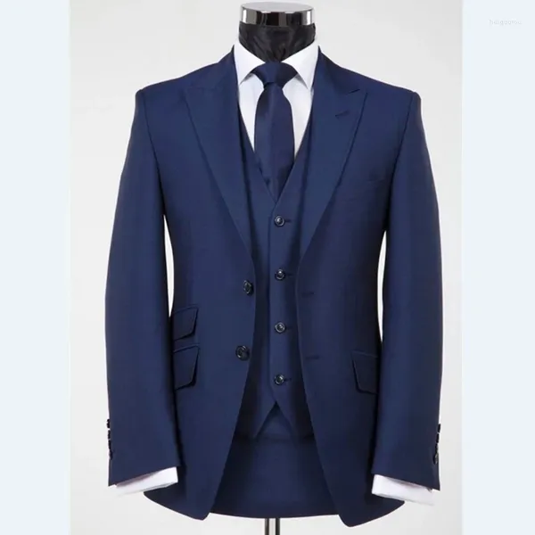 Trajes de hombre azul marino traje Formal para hombre para boda novio esmoquin 3 piezas conjunto de moda masculina chaqueta con pantalón chaleco ropa de solapa con visera